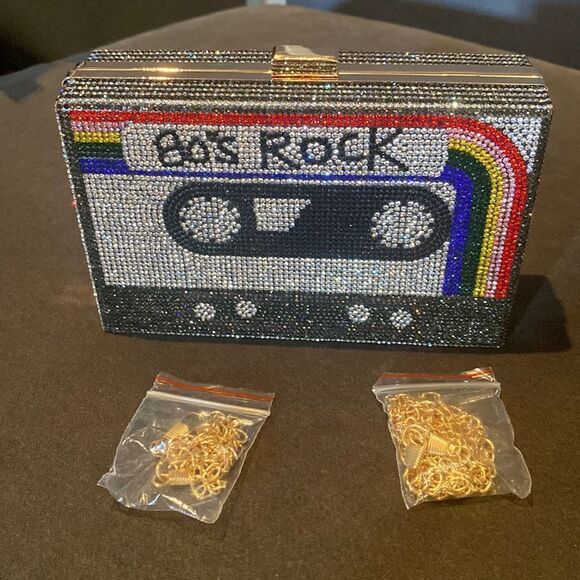 Women’s Sparkly Cassette Tape Shaped Clutch Purse Bag DifferentLength Chains NWT - Picture 6 of 13